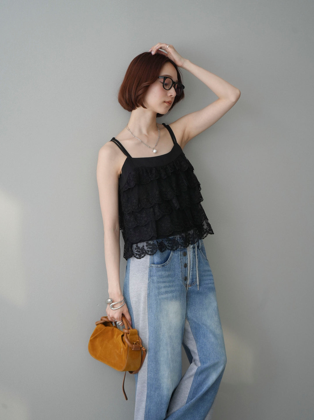 [SET]スカラップレースフリルキャミソール+デニム切替スウェットパンツ(2set)