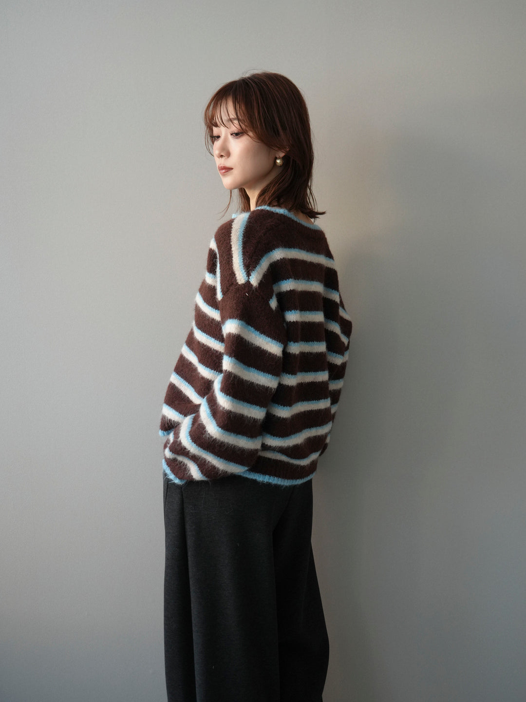 [予約]ウールタッチ配色ボーダーニットカーディガン/brown