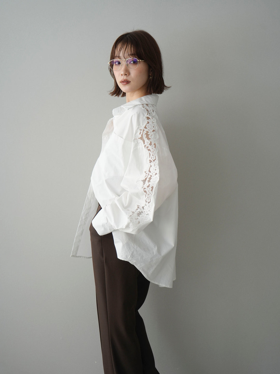 [SET]アームレースブロードシャツ+センターシームフレアパンツ(2set)