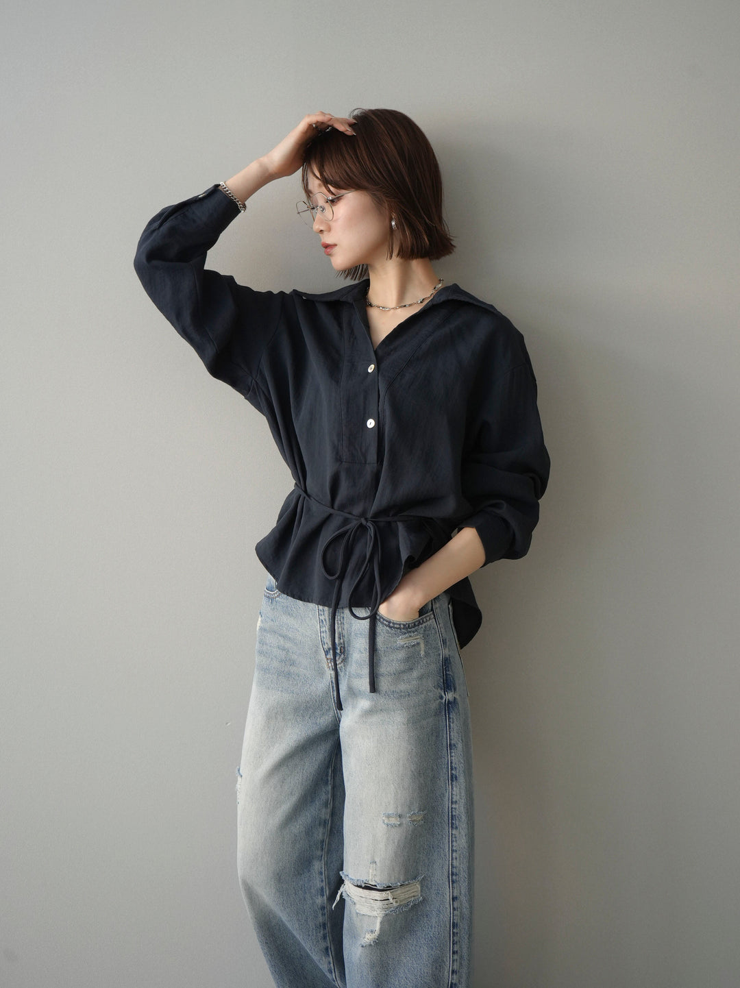 [予約]Vネック変形ラインシャツ/navy