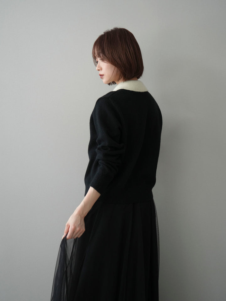 [SET]デザイン襟ニットカーディガン+チュールボリュームスカート(2set)