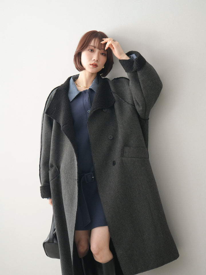 [SET]チェック襟xスエットミニワンピース+アウトシーム裏ボアコート(2set)