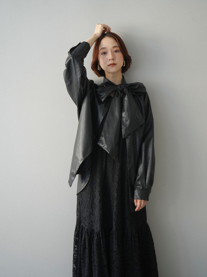 [SET]ギャザー切替レースキャミワンピース+フェイクレザーボウタイブラウス(2set)