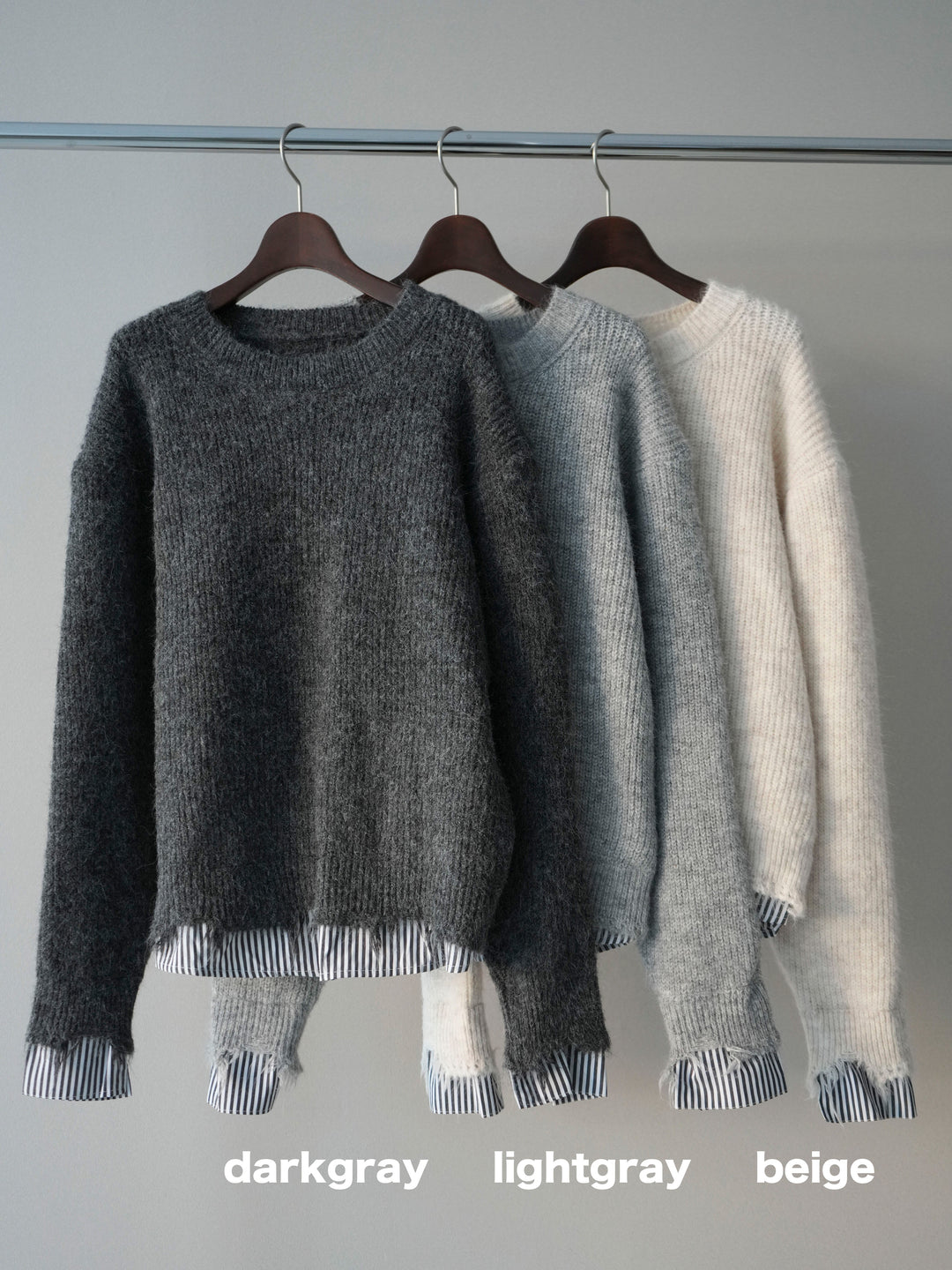 [SET]裾シャツレイヤードダメージニットプルオーバー+コットンタックループパンツ(2set)