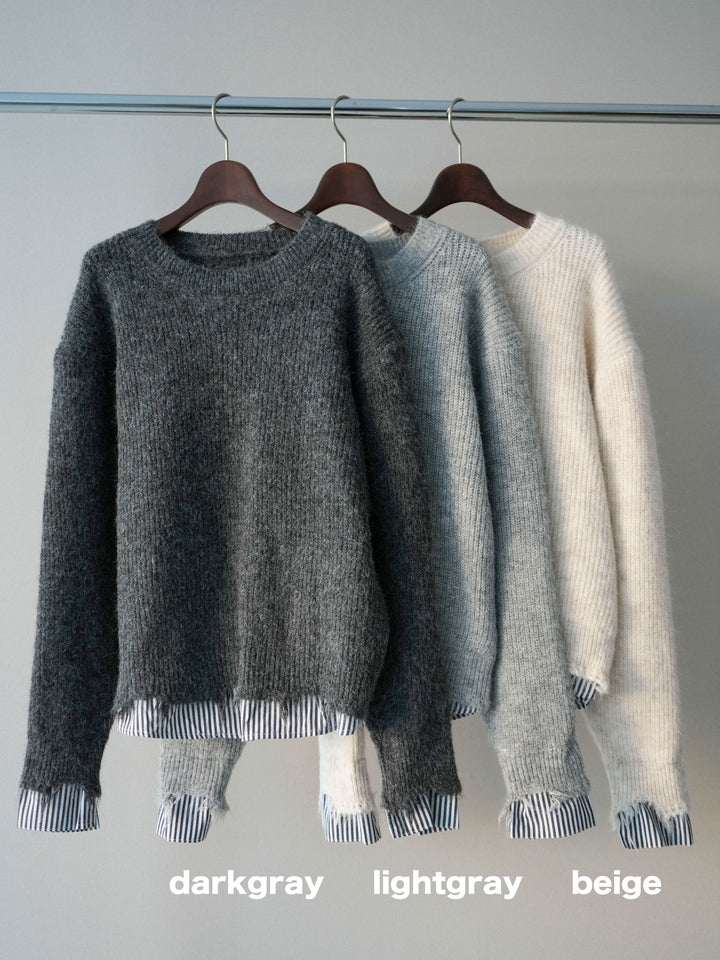 [SET]裾シャツレイヤードダメージニットプルオーバー+裾シャツレイヤードダメージニットプルオーバー(2set)