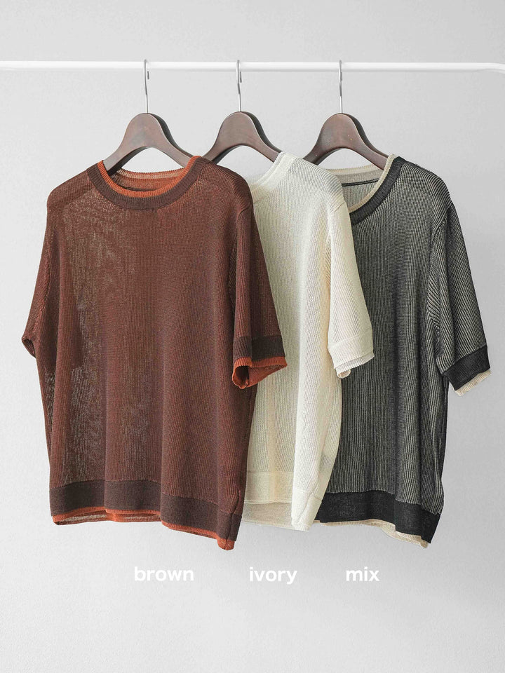 [SET]リネンタッチ配色二重臼ハーフニットトップス+ウエスト巻きデザインワイドパンツ(2set)