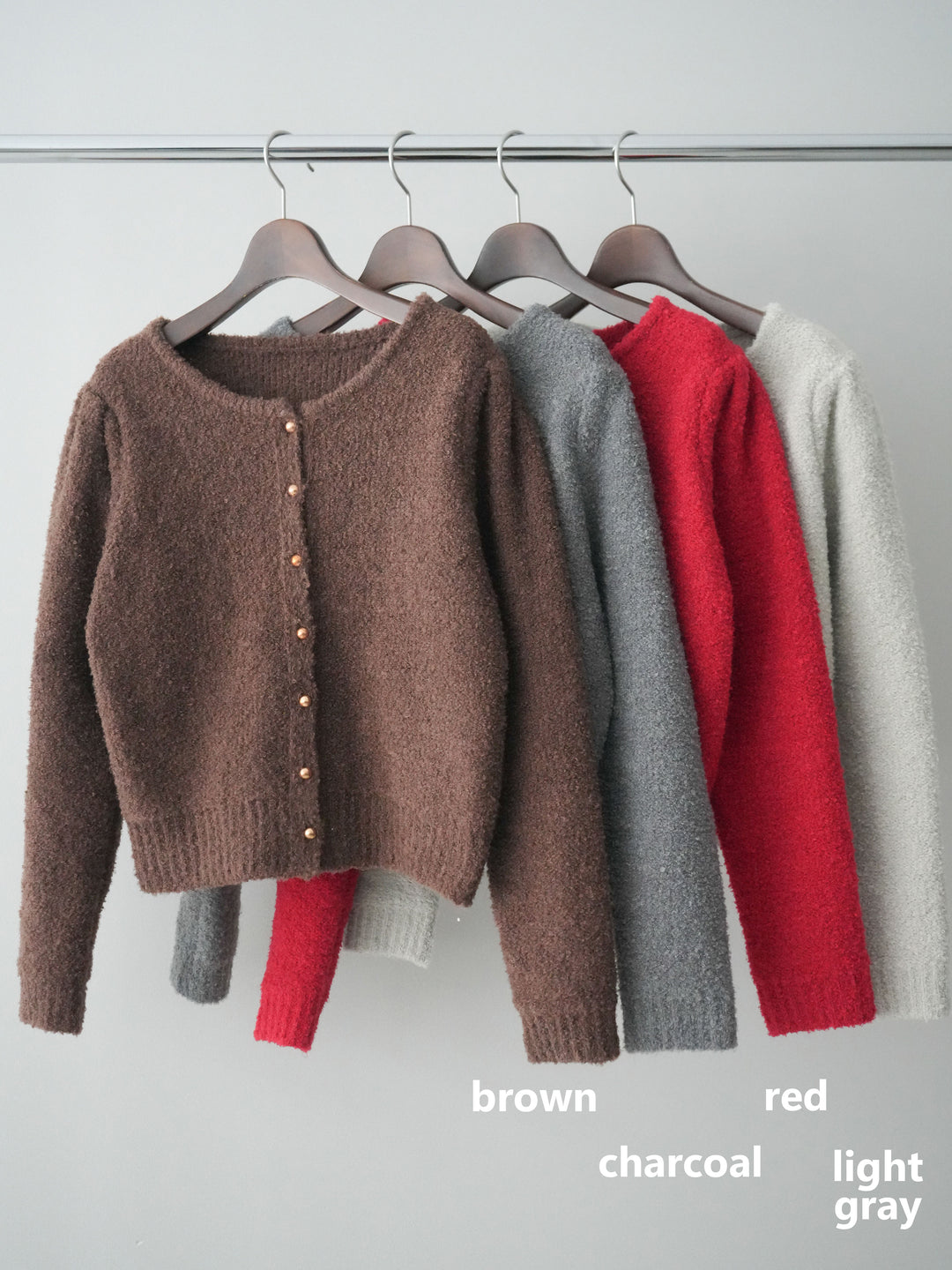 [SET]ゴールドボタンブークレニットカーディガン+総レースボリュームスリーブシャツ(2set)