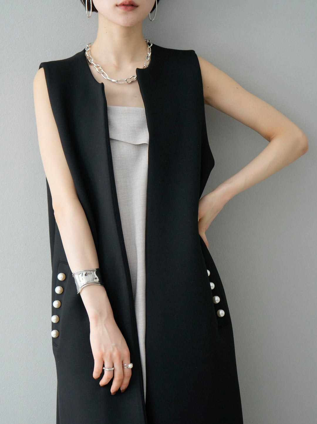 [SET] Design camisole dress + pearl design ponte long gilet (2set)