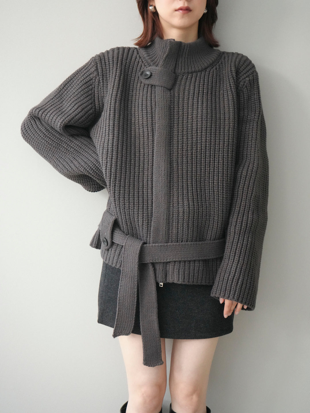[予約]畦編みボトルネックZIPニットカーディガン/ gray