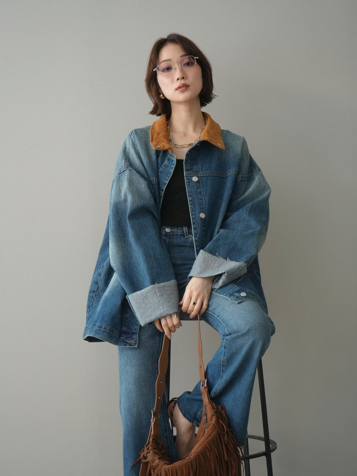 [SET]コーデュロイ×デニムミドルジャケット+フレアデニムパンツ(2set)