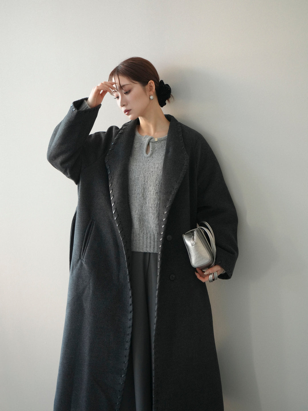 [SET]ハンドステッチ裏中綿ロングコート+テープベルトタックバギーパンツ(2set)