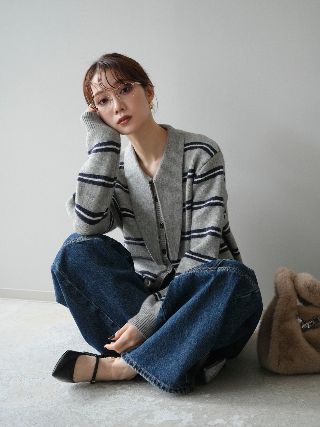 [予約]ボウタイボーダーニットカーディガン/gray