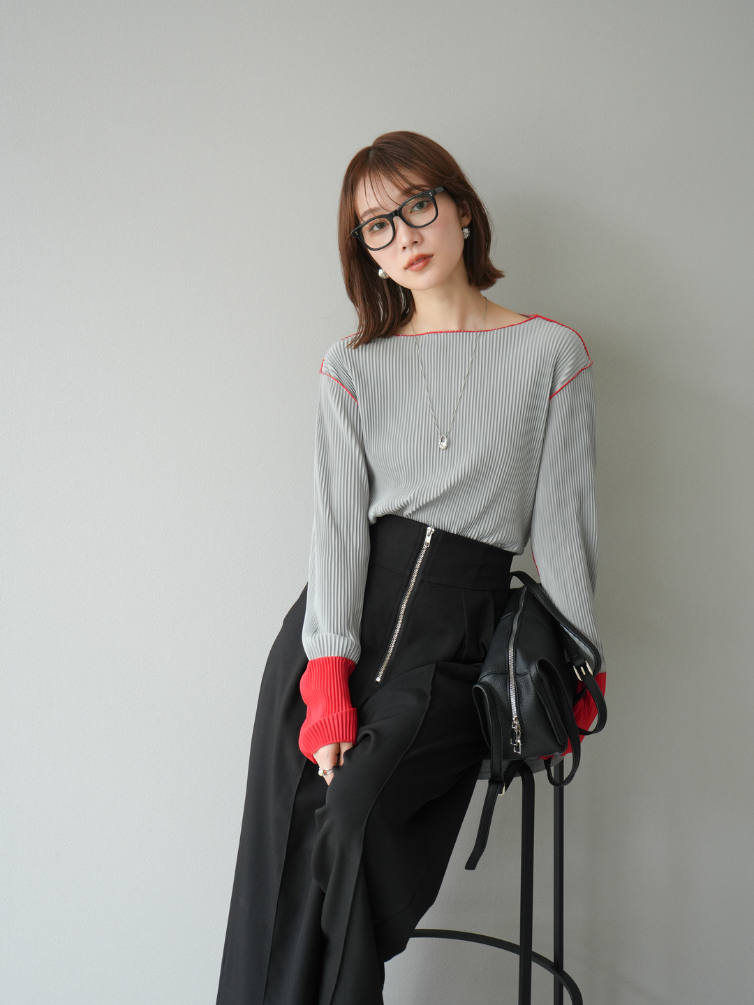 [予約]バイカラープリーツトップス/グレー