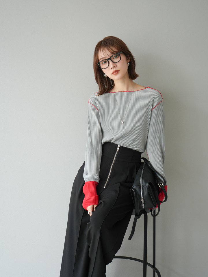 [予約]バイカラープリーツトップス/グレー