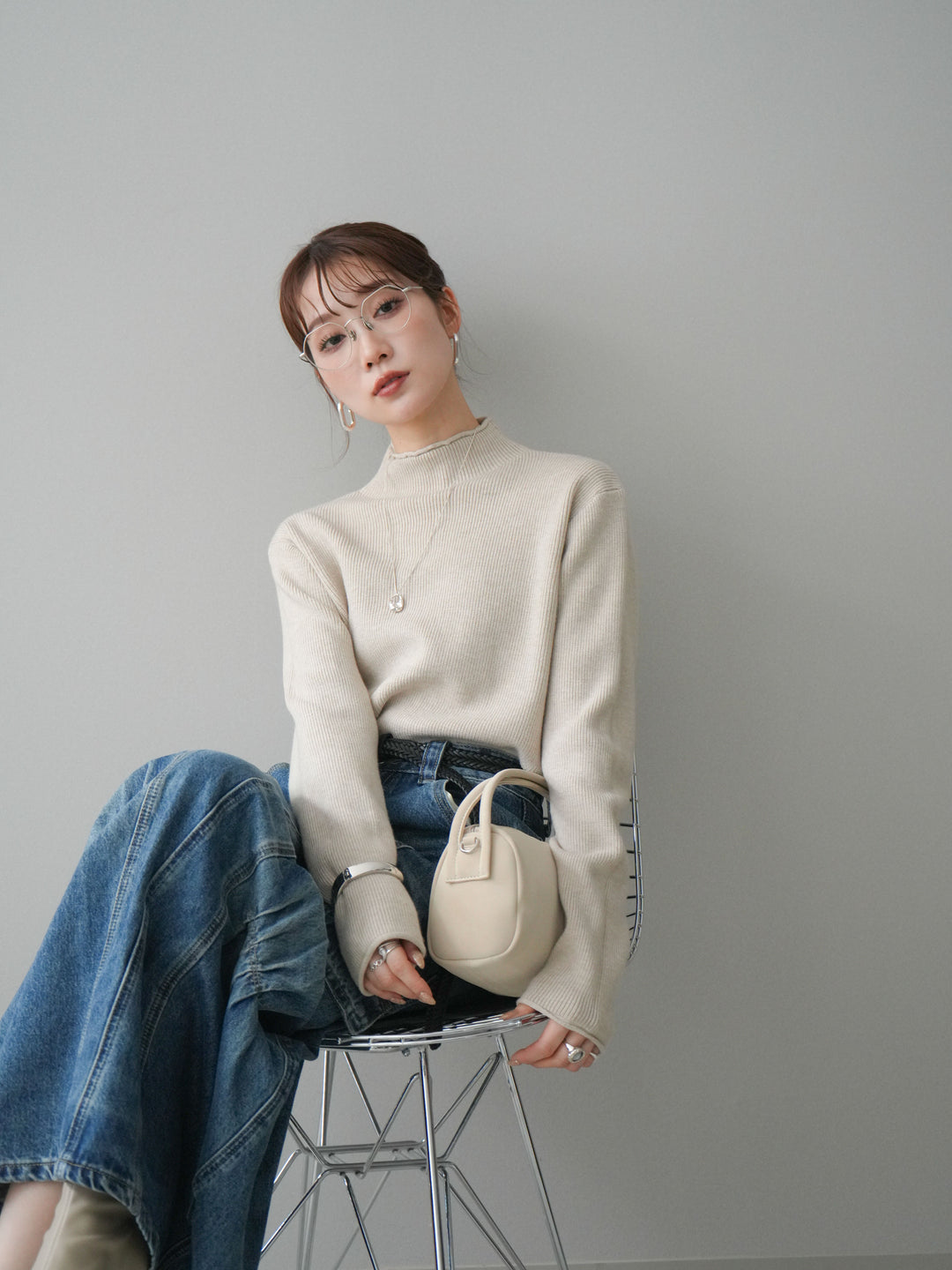 [予約]ボトルネック裾カールリブニットトップス/ivory