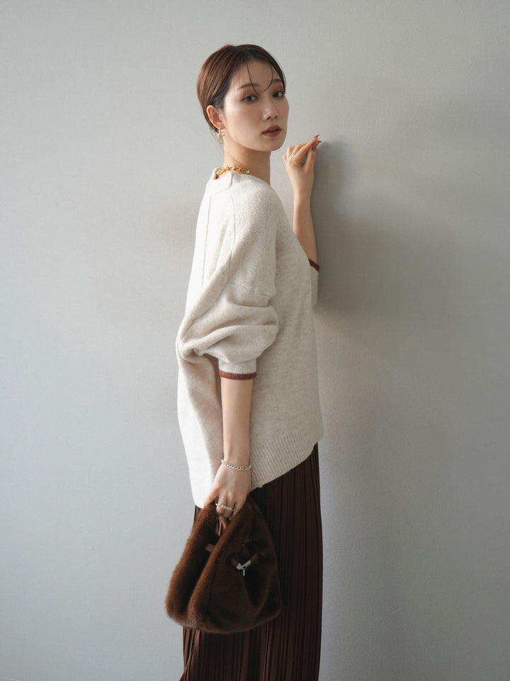 [SET]Vネック配色スリーブニットプルオーバー+選べるアクセセット(2set)