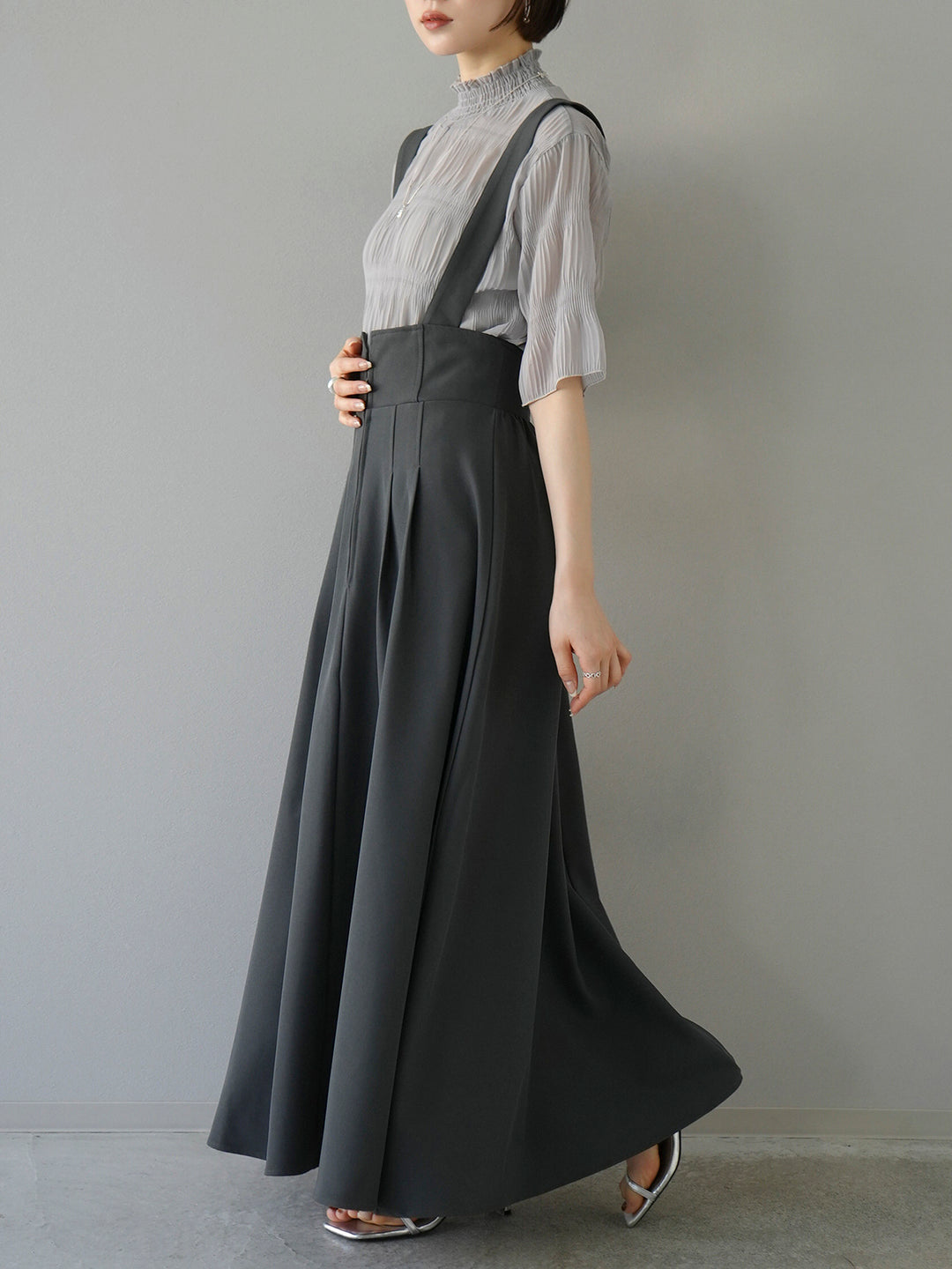 [SET] Shirring chiffon half sleeve blouse + 2WAY flare jumper skirt (2set)