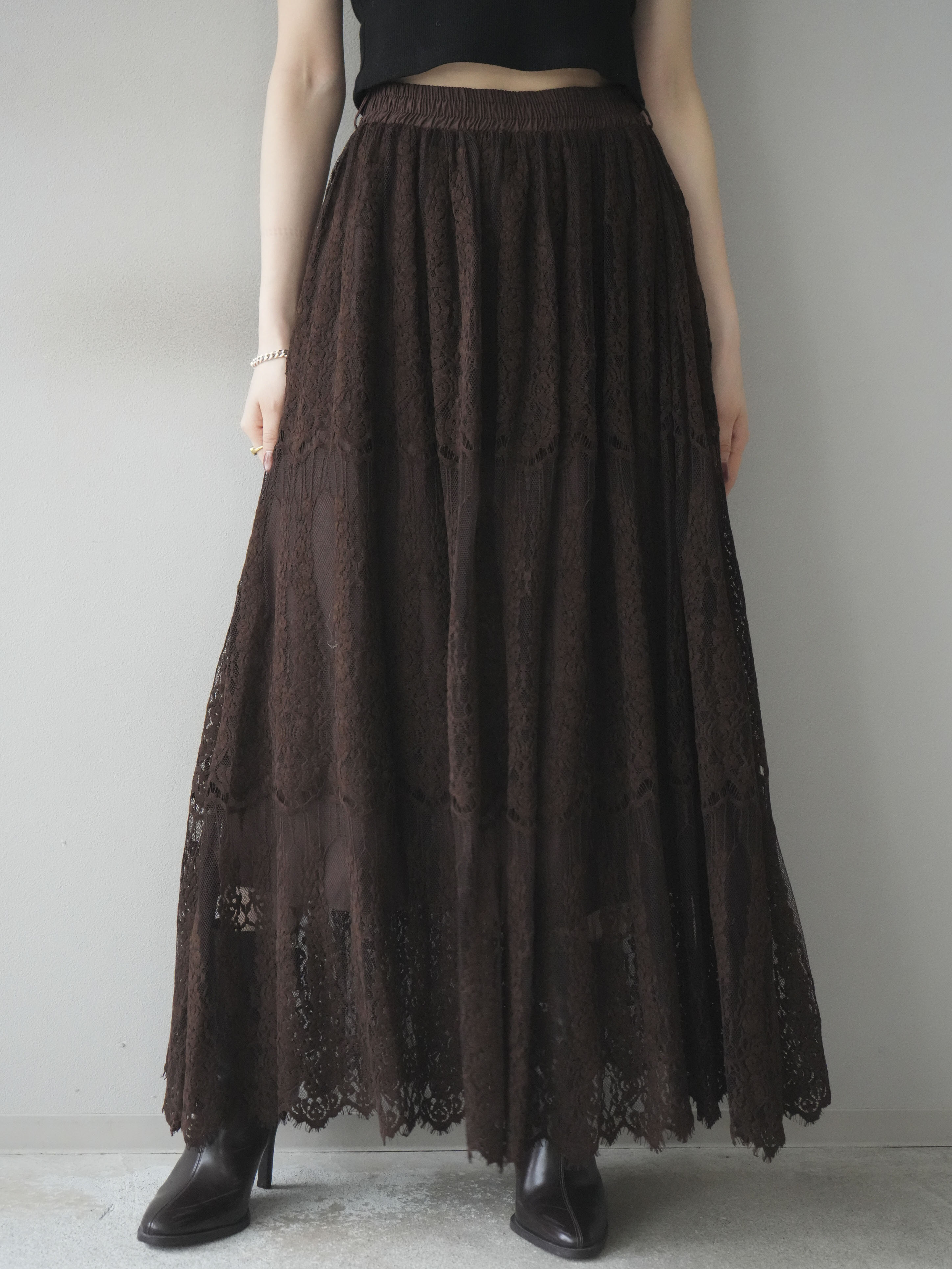 予約]ヴィンテージライクメッシュレーススカート/brown – Lumier