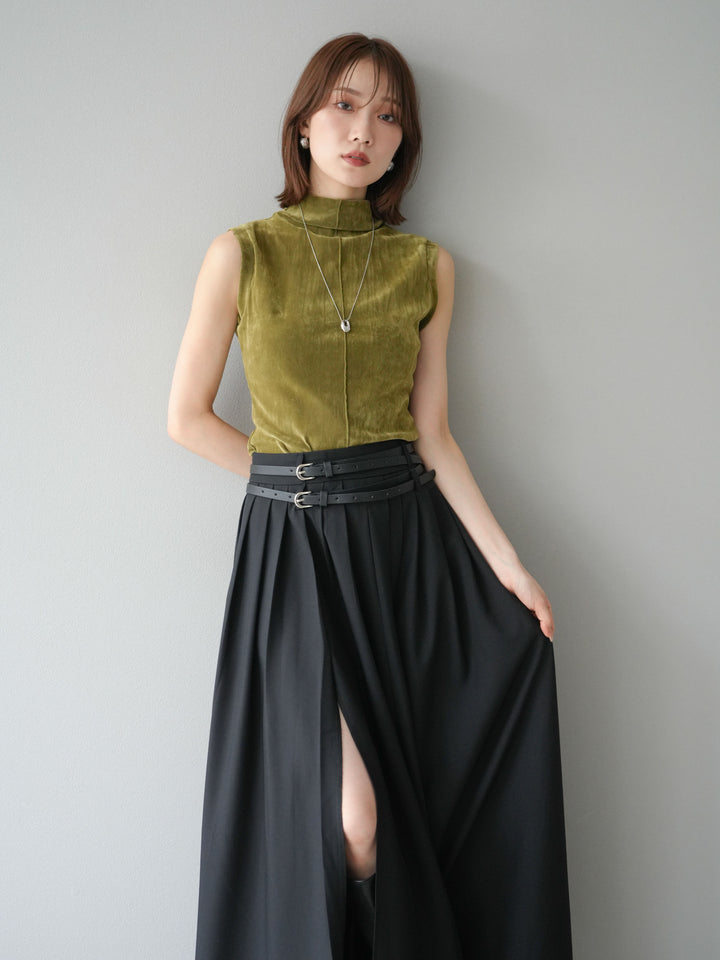 [SET]シアーベロアプチネックノースリーブトップス+エステルプリーツスリットスカート(2set)