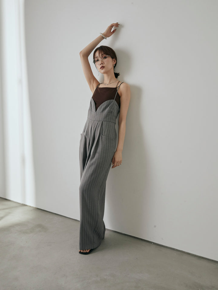 [予約]ヘリンボーンストライプサロペット/チャコール