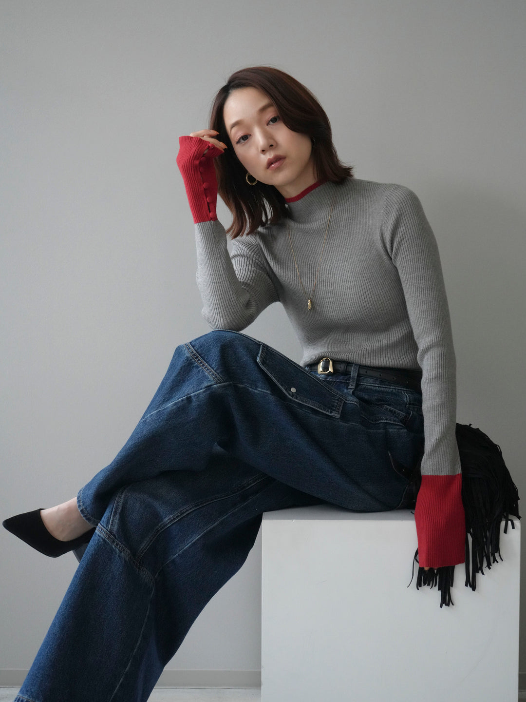 [予約]袖ボタンハイネック配色リブニットトップス/gray