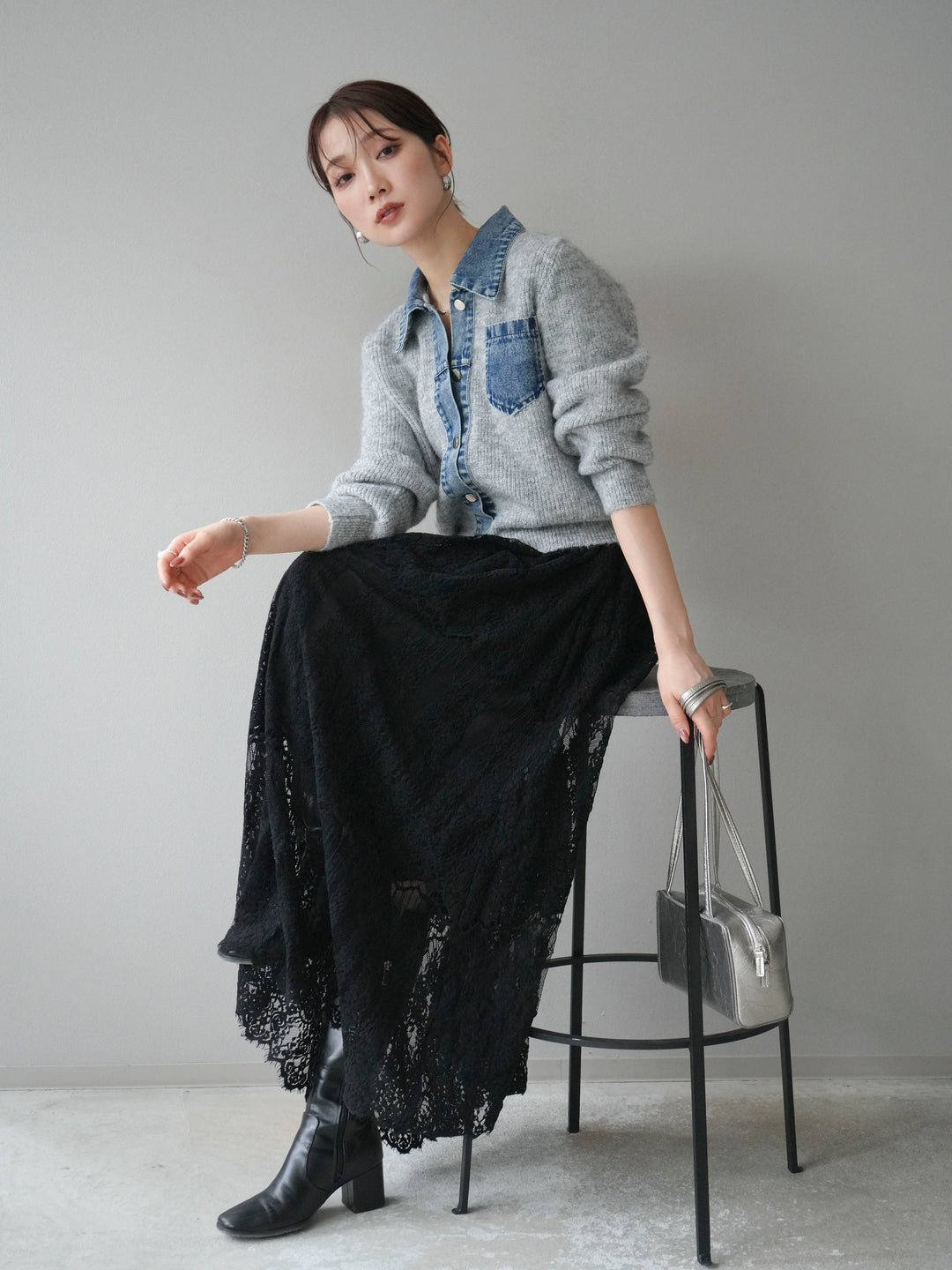 [予約]デニム襟ポケットニットカーディガン/gray