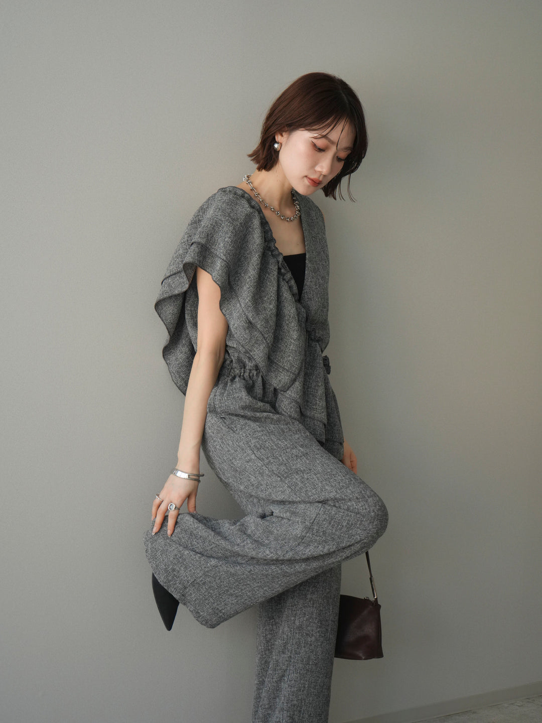 [SET]3WAYミックスツイードギャザーオールインワン+選べるアクセセット(2set)