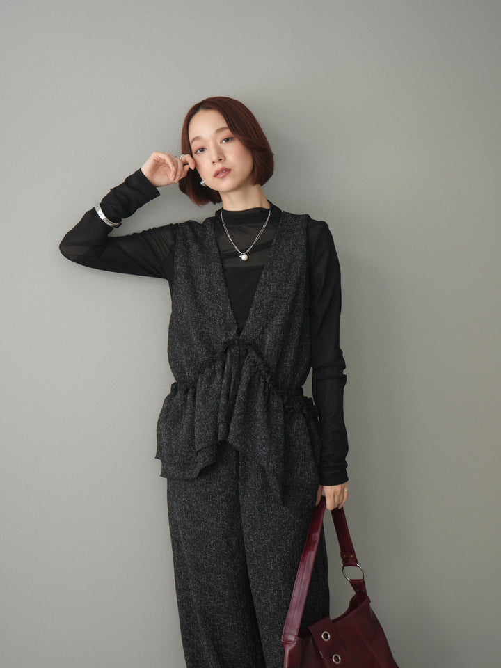 [SET]3WAYミックスツイードギャザーオールインワン+シアープチネックストレッチトップス(2set)