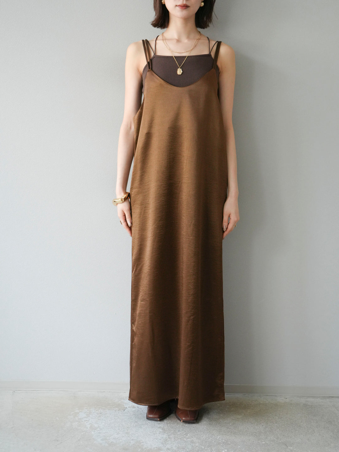 [予約]サテンキャミワンピース/ブラウン