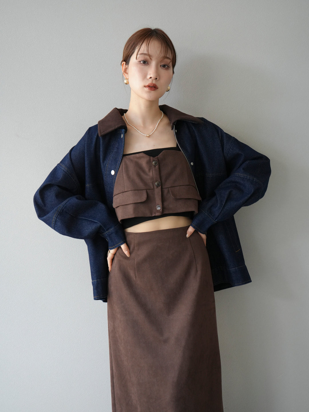 [予約]スウェード襟切替デニムブルゾン/インディゴ