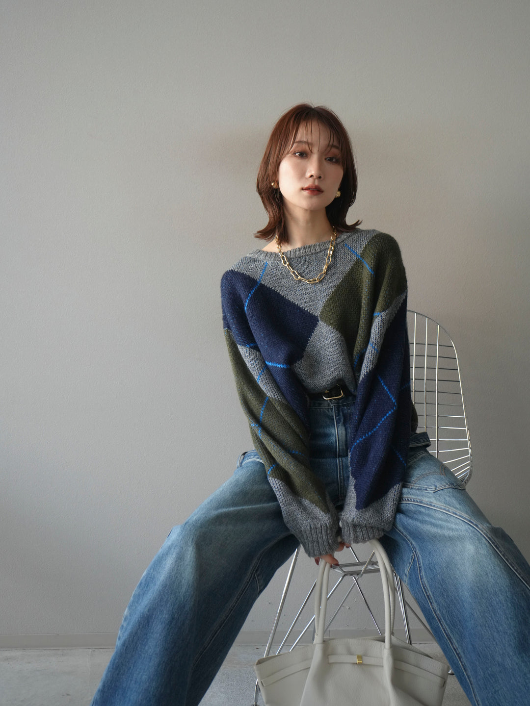 [予約]配色ステッチアーガイル柄ニットプルオーバー/gray