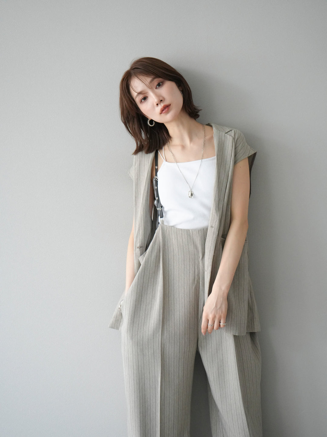 [SET]ヘリンボーンストライプジレ+ヘリンボーンストライプサロペット(2set)