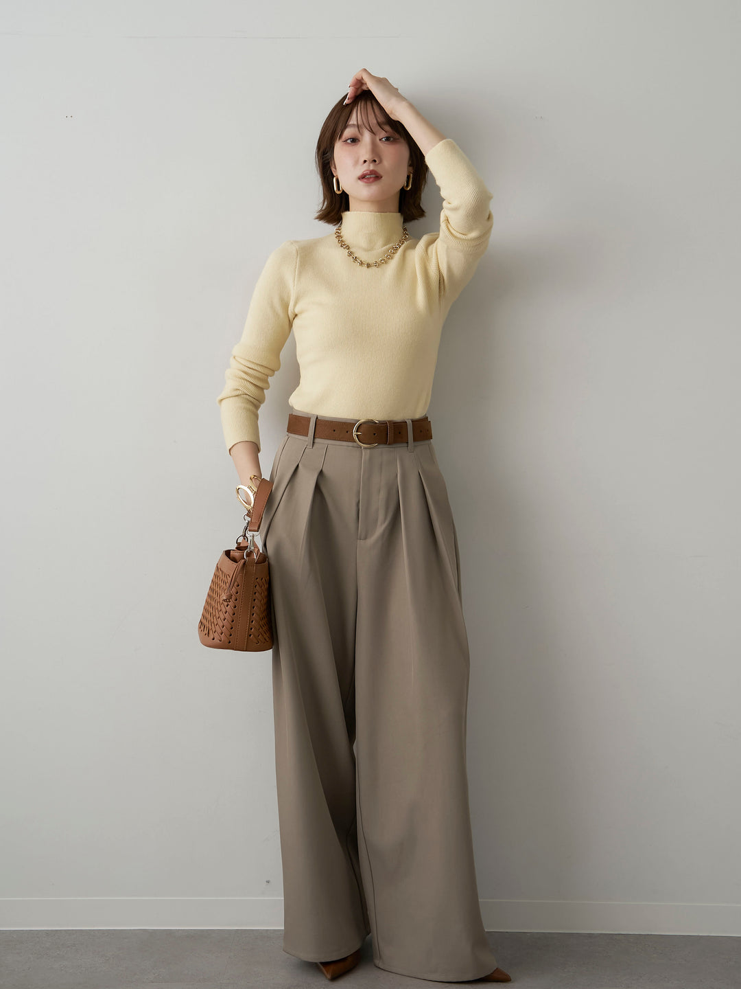 [SET]リブモックネックニットトップス+ツイルタックワイドパンツ(2set)