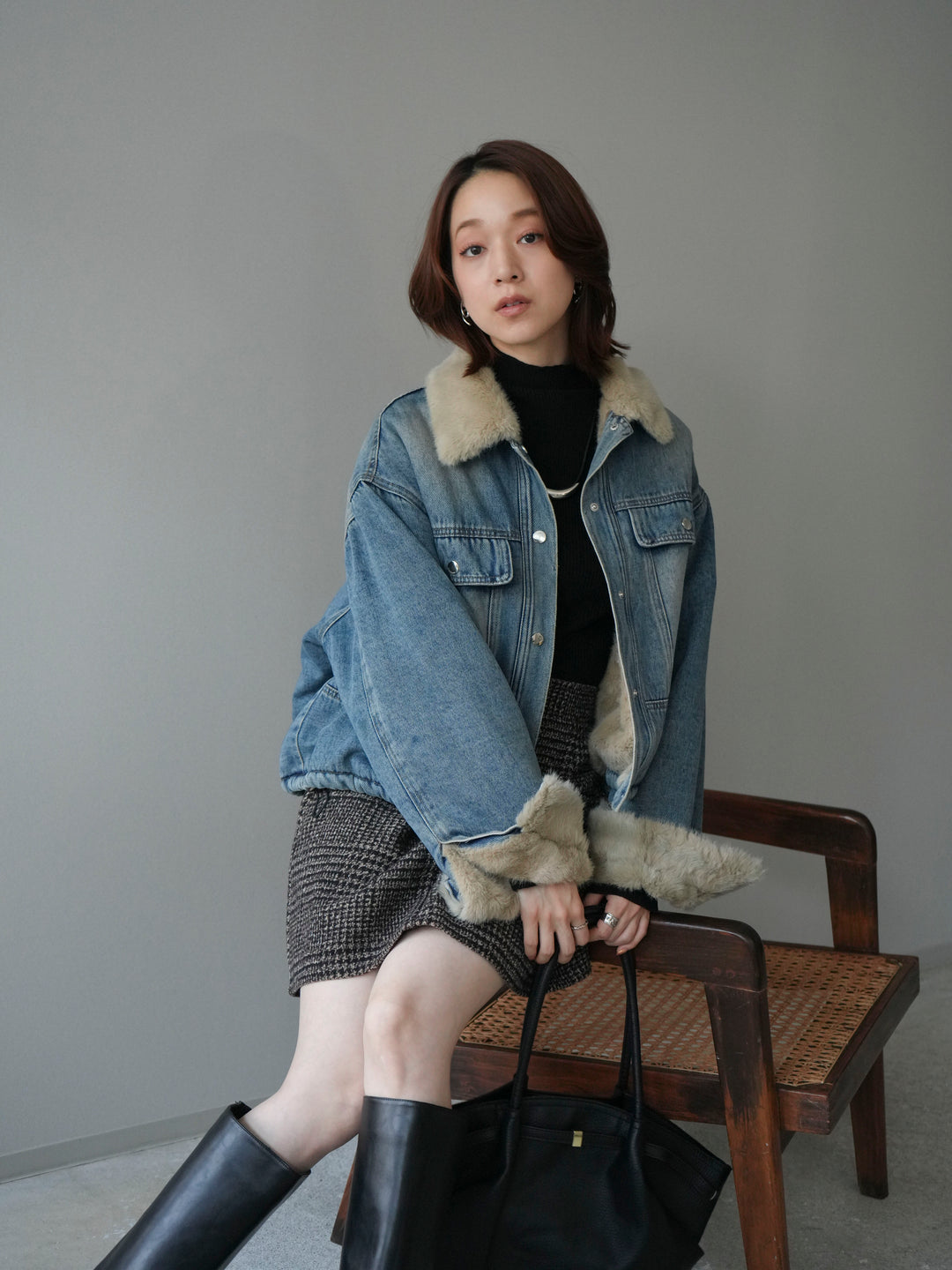 [予約]デニム×ファーステンカラーショートジャケット/lightblue