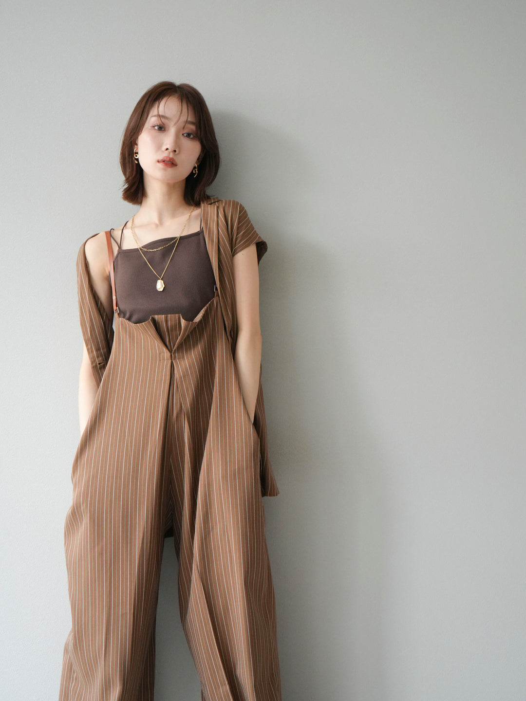 【着回しセット】[SET]ヘリンボーンストライプジレ+シアー切替ベロアトップス+ヘリンボーンストライプサロペット(3set)