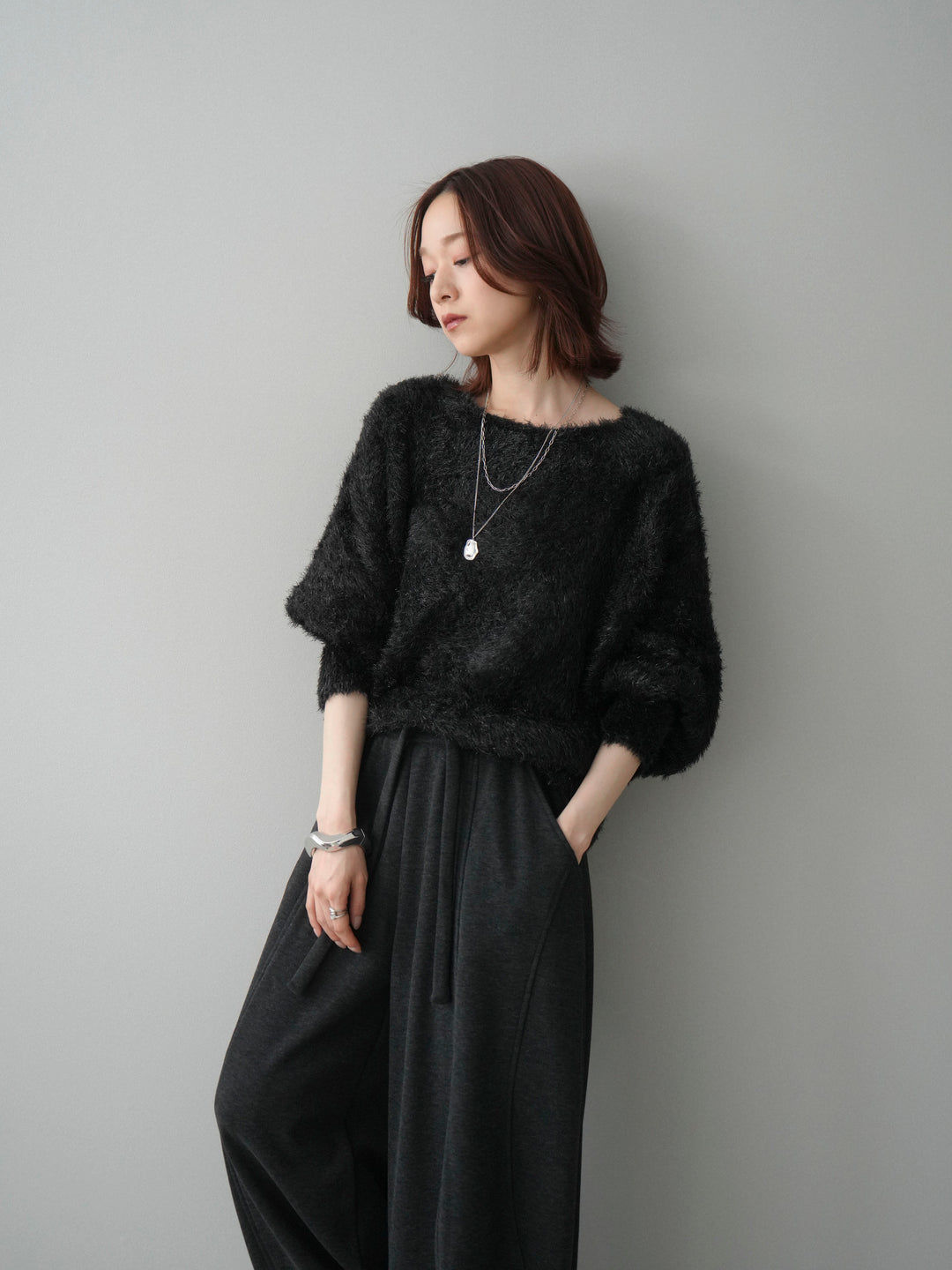 [予約]ラメシャギードルマンニットプルオーバー/black