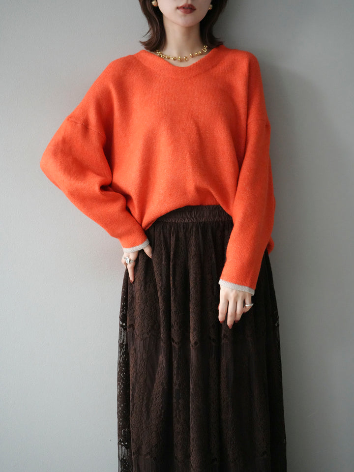 [SET]Vネック配色スリーブニットプルオーバー+選べるアクセセット(2set)