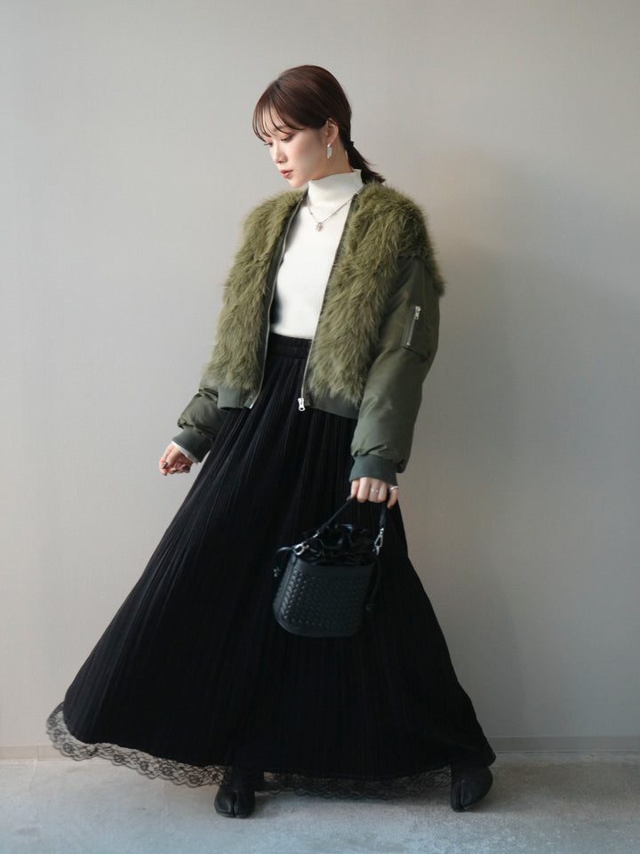 [SET]ファードッキングMA-1+袖ボタンボトルネックリブニットトップス+裾レーススウェードプリーツマキシスカート(3set)