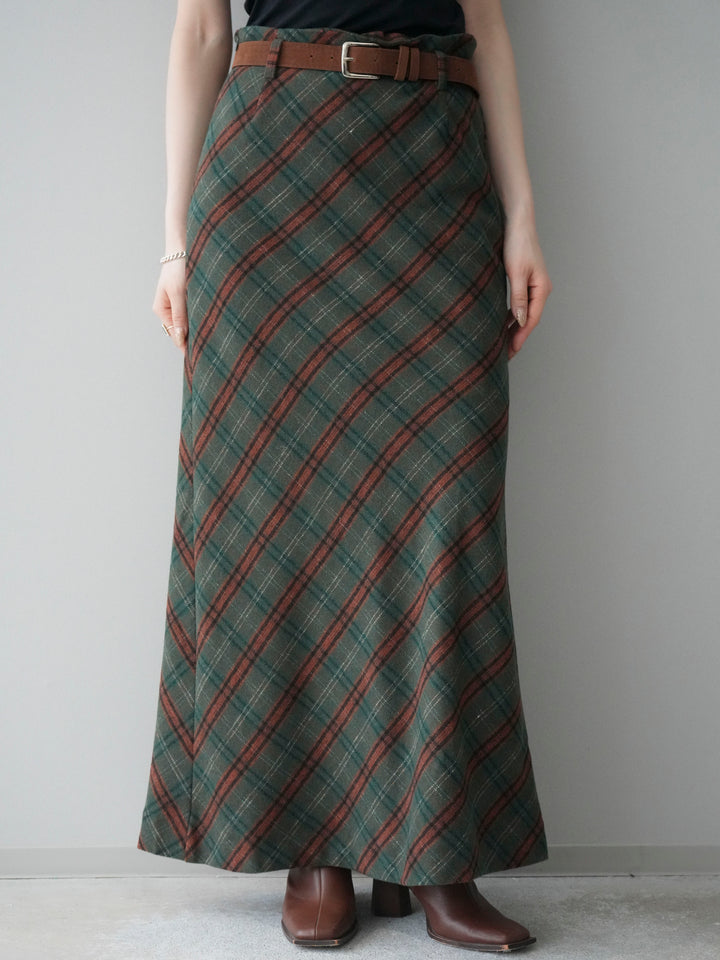 [予約]ベルト付チェック柄ナロースカート/green
