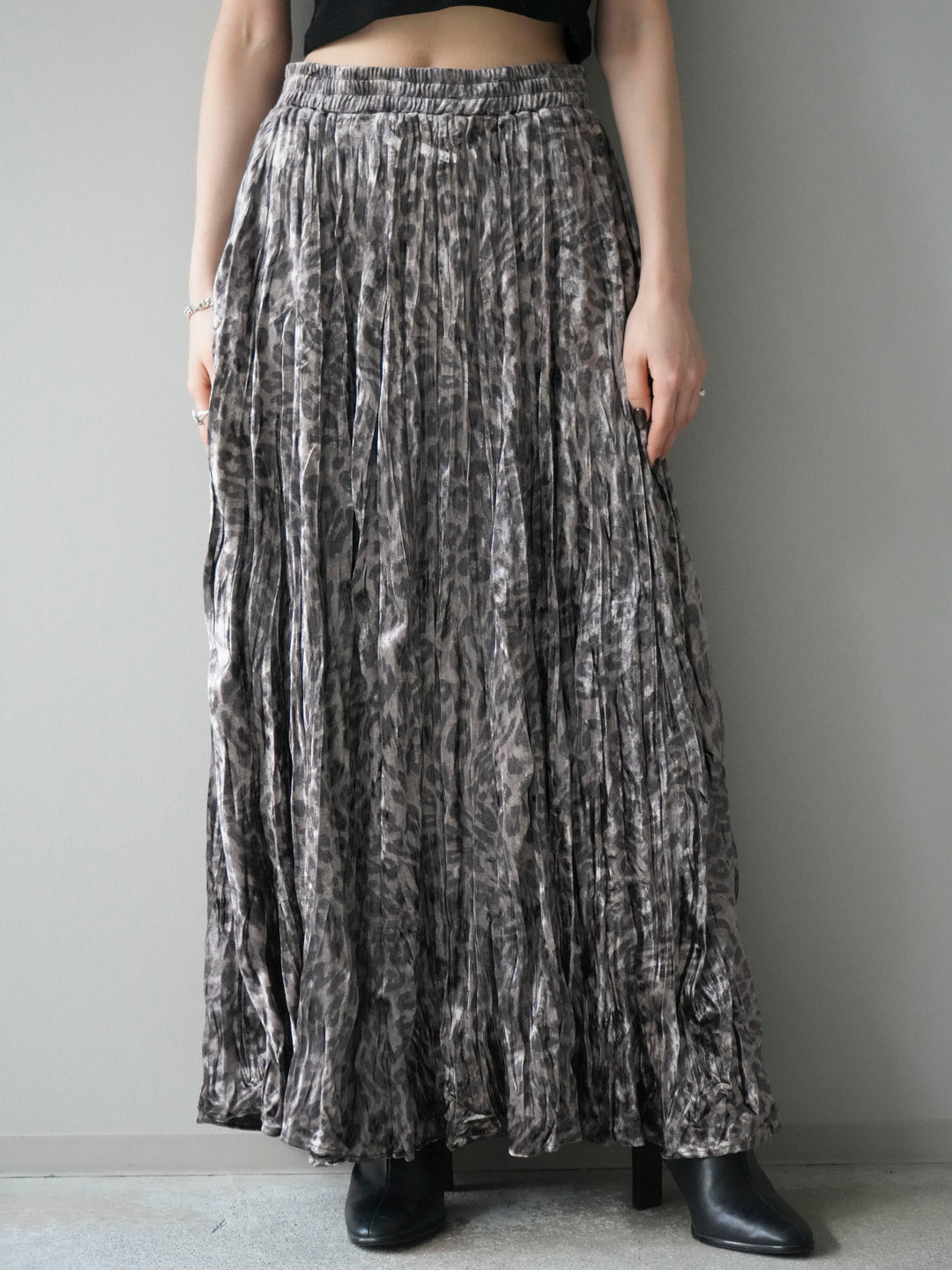 [予約]レオパードベロアワッシャーロングスカート/gray