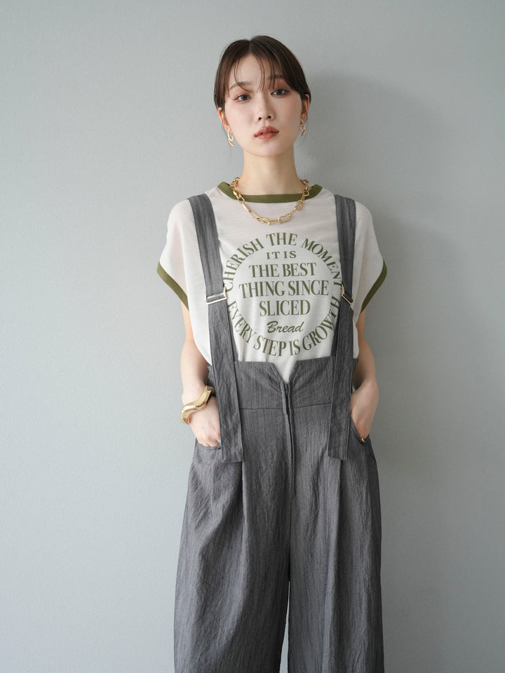 [SET]ストリングデザインハイウエストサロペット+シアーフライス ロゴプリントT (2set)