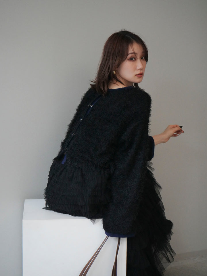 [予約]バイカラー2WAYシャギーニットカーディガン/black