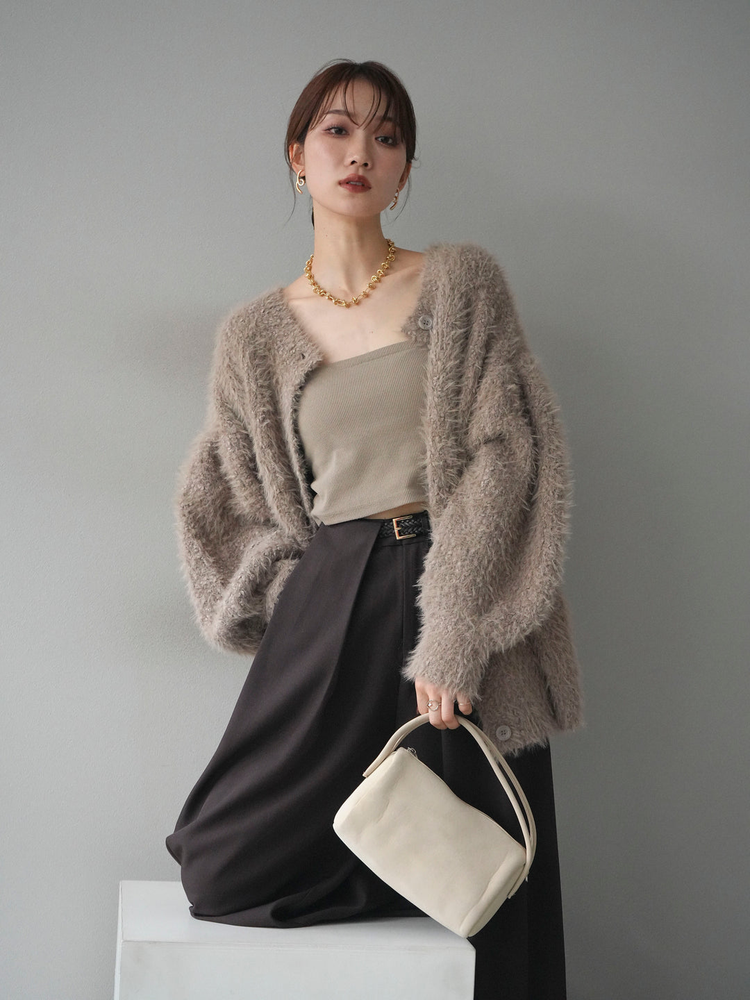 [SET]クルーネックランダムシャギーカーディガン+ベルトループデザインワイドパンツ(2set)