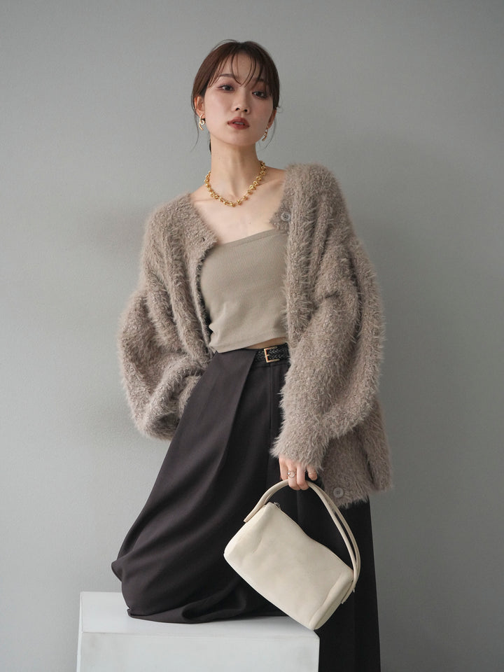[SET]クルーネックランダムシャギーカーディガン+ベルトループデザインワイドパンツ(2set)