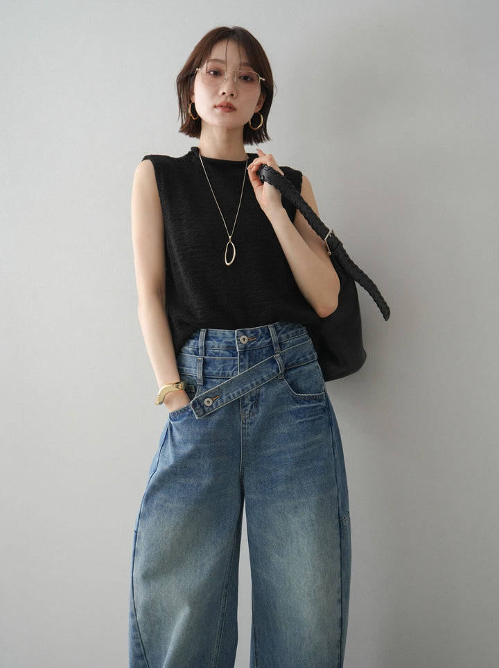 【套裝】無袖亞麻質感透視針織套頭衫 + 不對稱闊腿牛仔褲（兩件套）