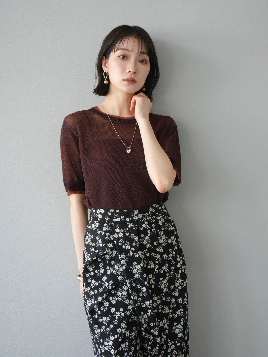 [SET]リネンタッチ配色二重臼ハーフニットトップス+選べるアソート柄スカートセット(2set)