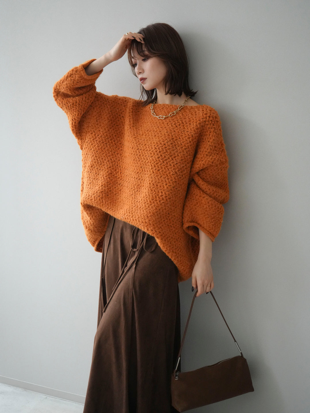 [予約]ワッフル編みオーバーニットプルオーバー/mustard