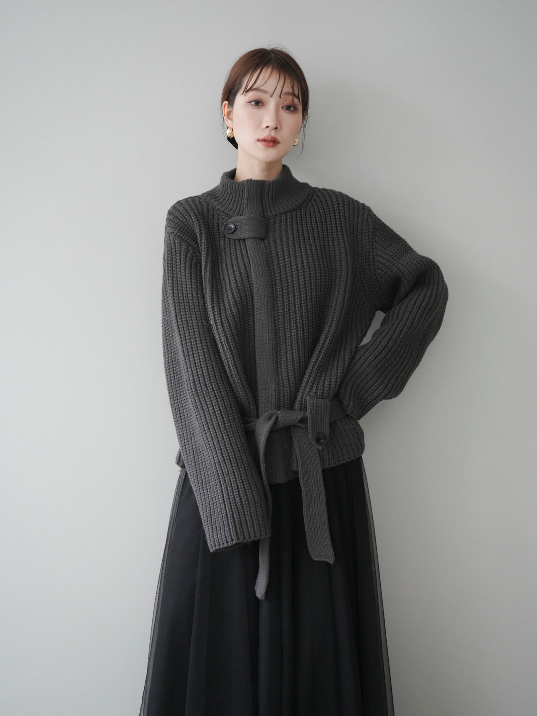 [予約]畦編みボトルネックZIPニットカーディガン/ gray