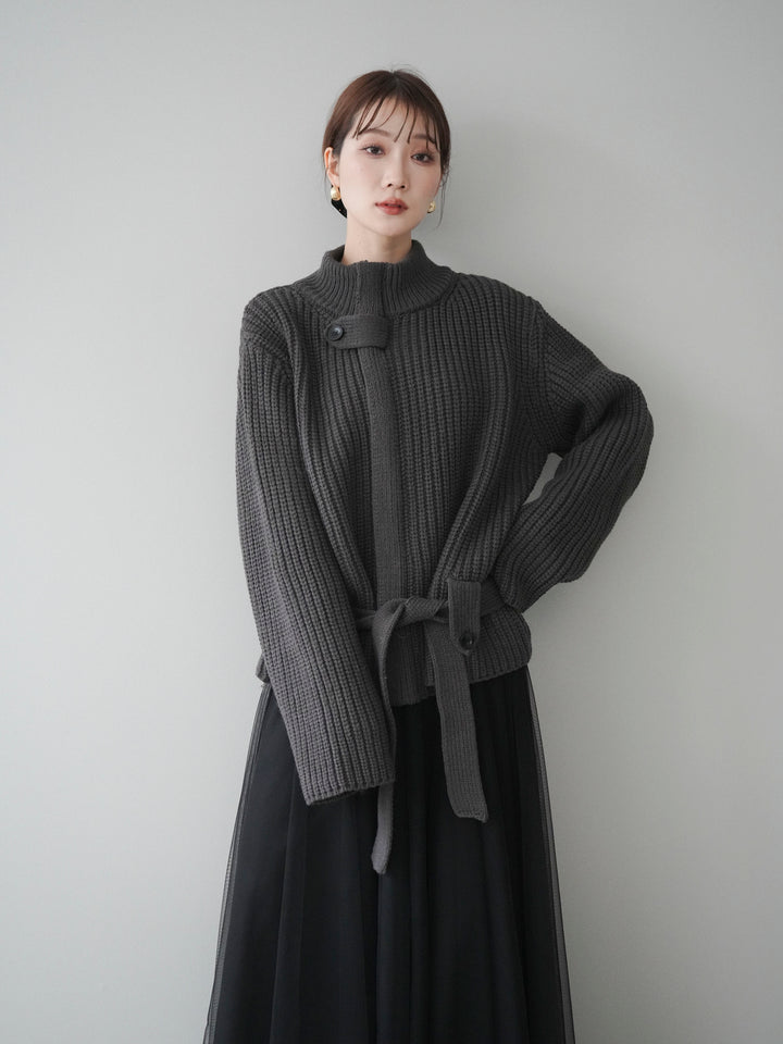 [予約]畦編みボトルネックZIPニットカーディガン/ gray