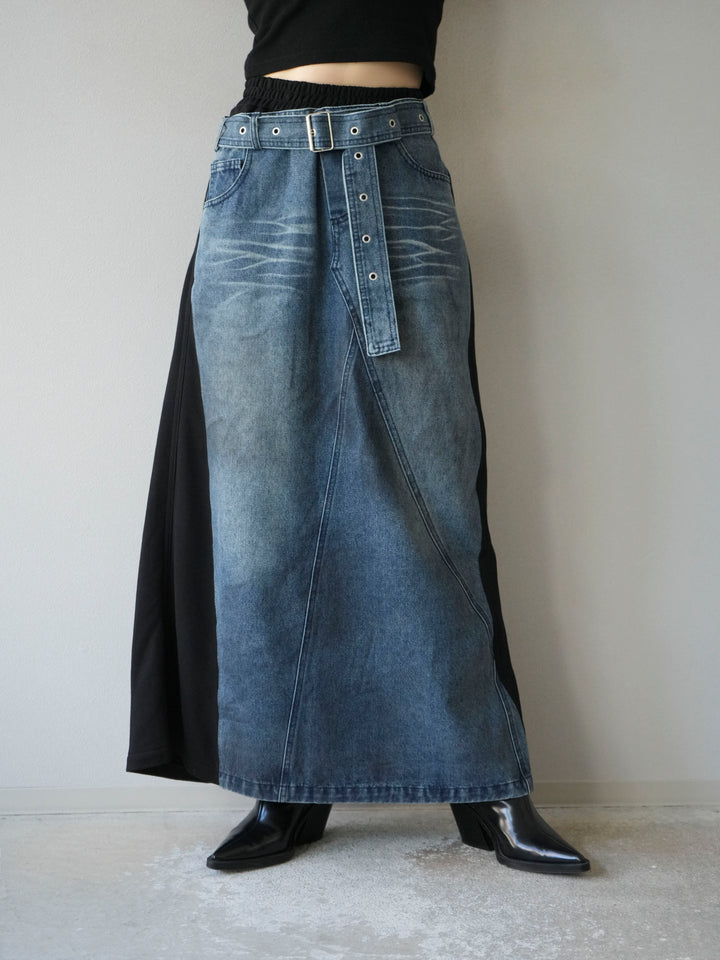 [予約]デザインベルトデニムドッキングスウェットスカート/ブラック